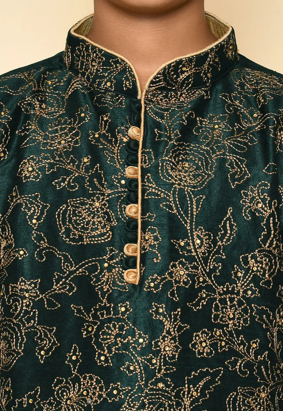 Embroidered Dupion Silk Kurta in Dark Green