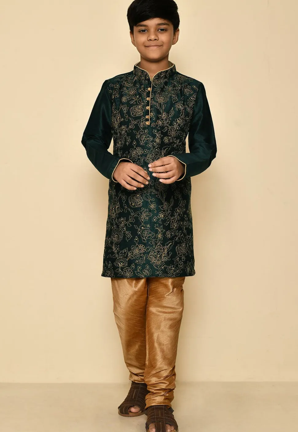 Embroidered Dupion Silk Kurta in Dark Green