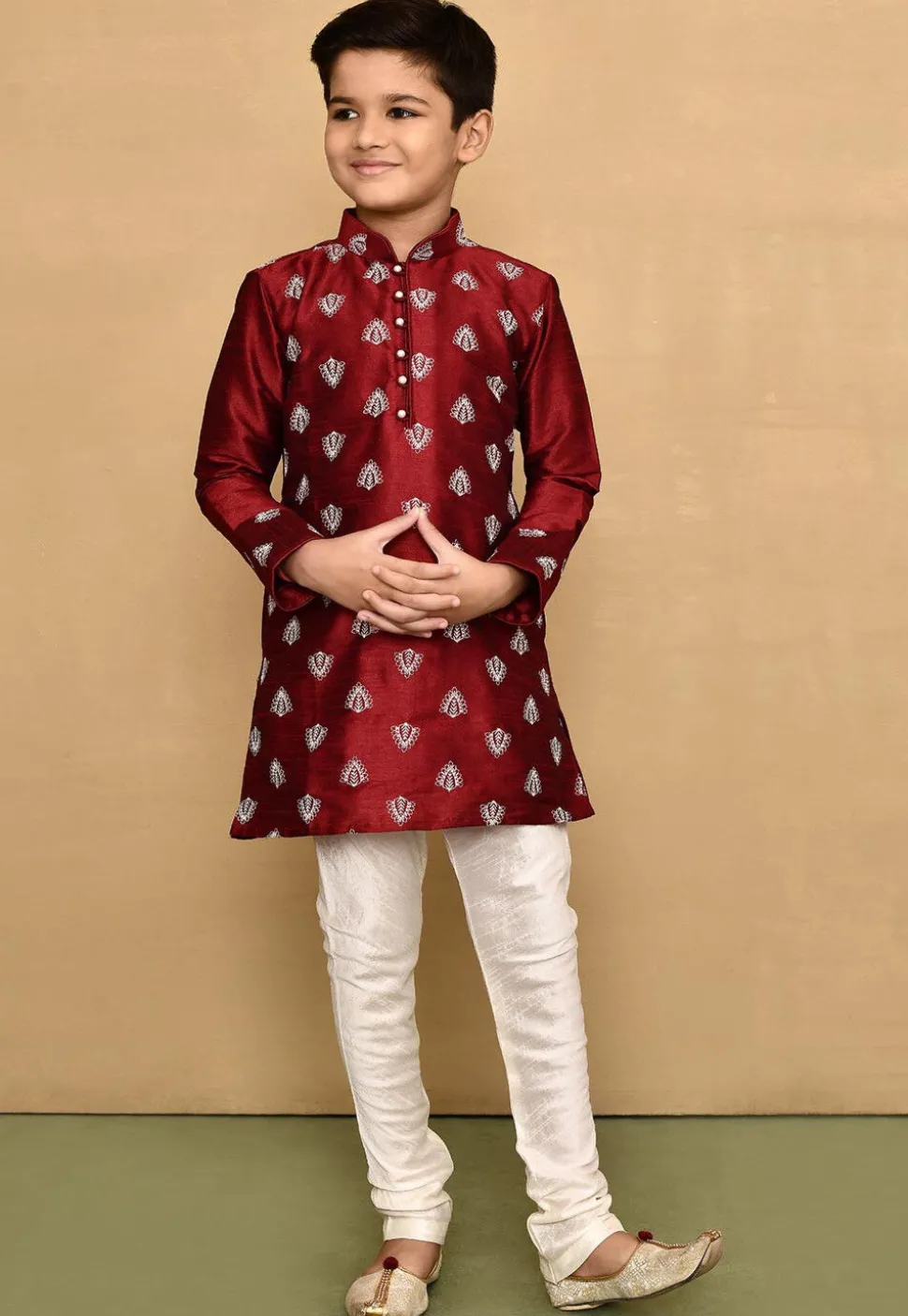 Embroidered Dupion Silk Kurta Set in Maroon