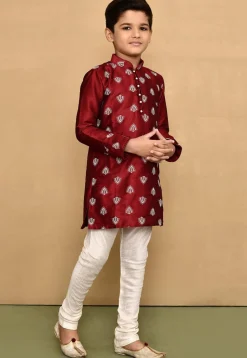 Embroidered Dupion Silk Kurta Set in Maroon
