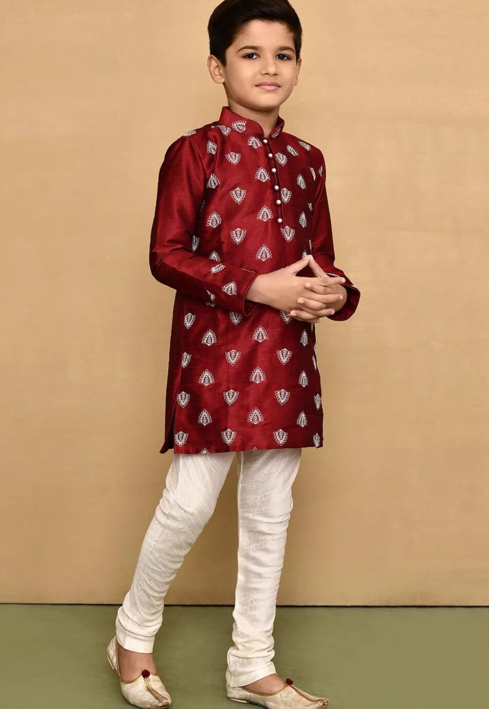 Embroidered Dupion Silk Kurta Set in Maroon