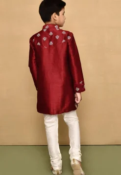 Embroidered Dupion Silk Kurta Set in Maroon