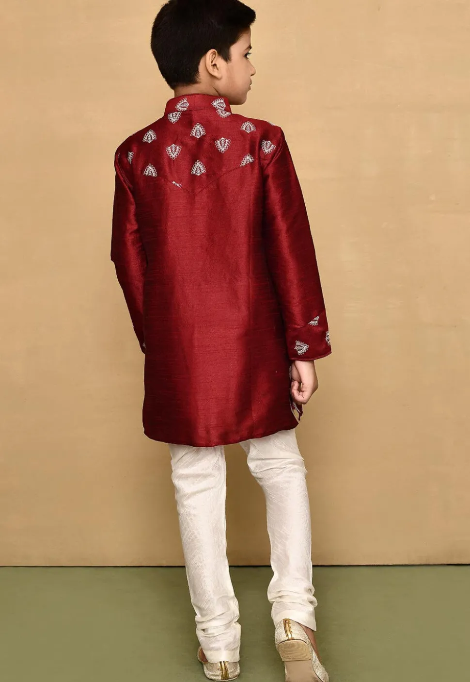 Embroidered Dupion Silk Kurta Set in Maroon
