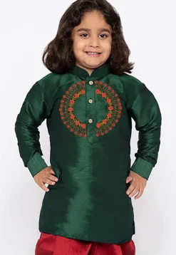 Embroidered Dupion Silk Kurta in Dark Green