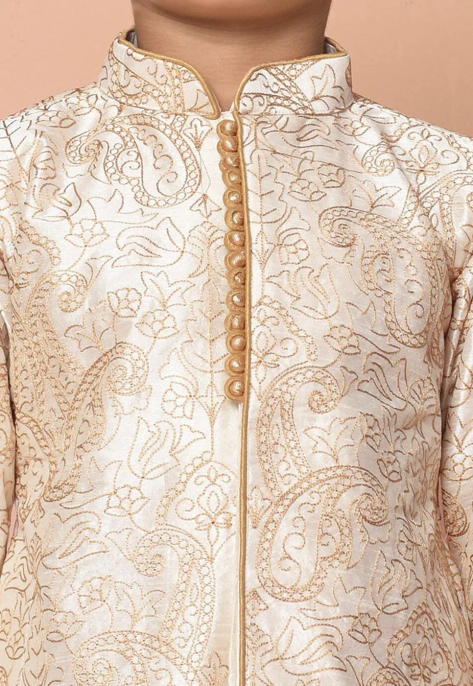 Embroidered Dupion Silk Kurta Set in Off White