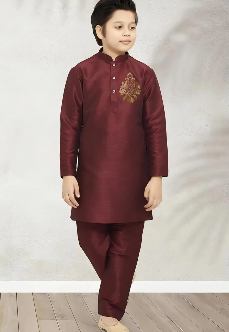 Embroidered Dupion Silk Kurta Set in Maroon