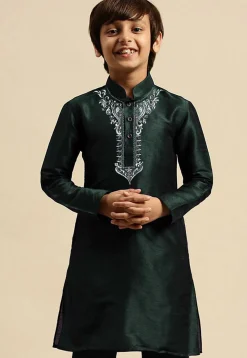 Embroidered Dupion Silk Kurta in Dark Green