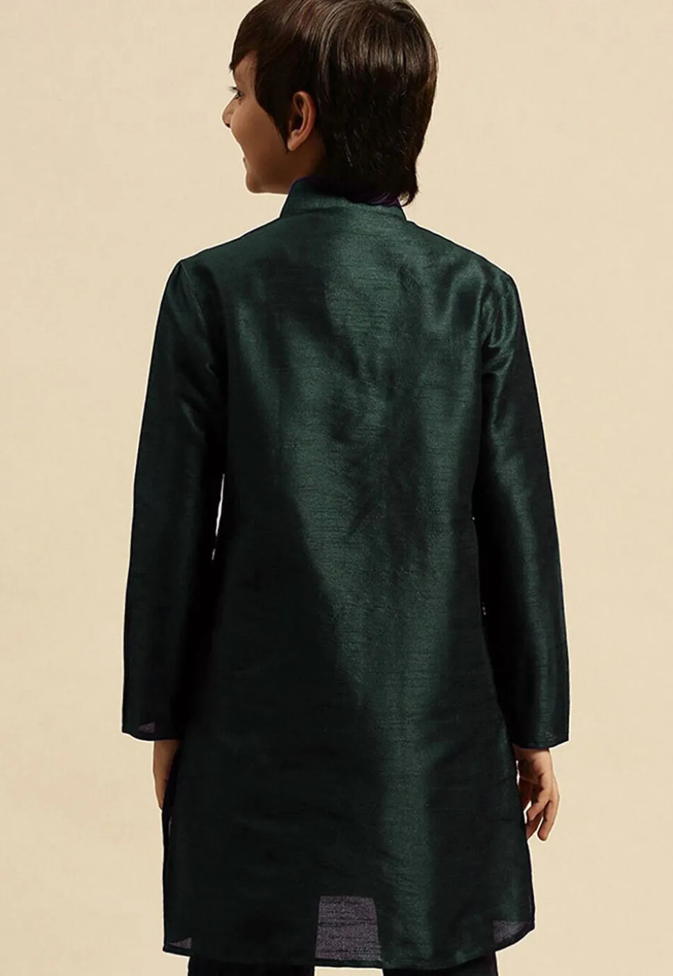 Embroidered Dupion Silk Kurta in Dark Green