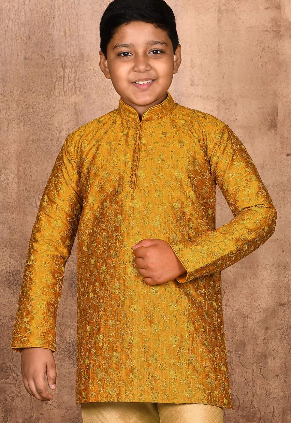 Embroidered Dupion Silk Kurta in Mustard