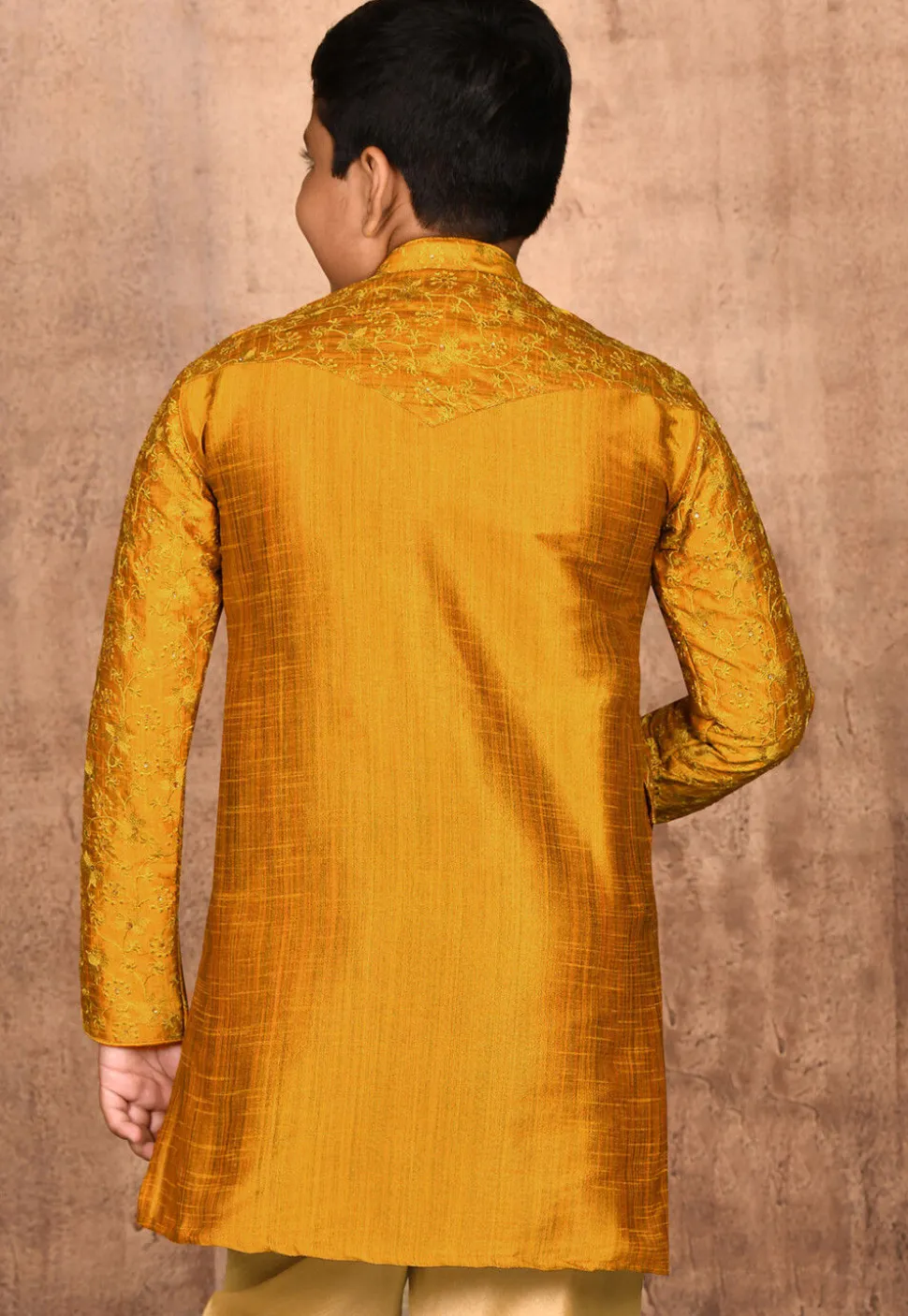 Embroidered Dupion Silk Kurta in Mustard