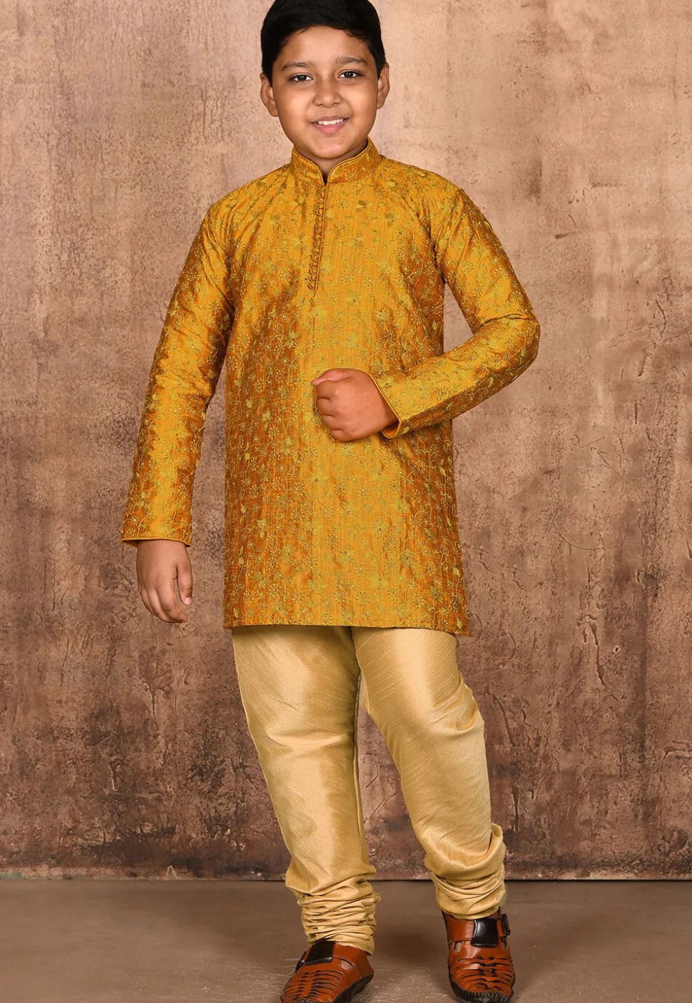 Embroidered Dupion Silk Kurta in Mustard
