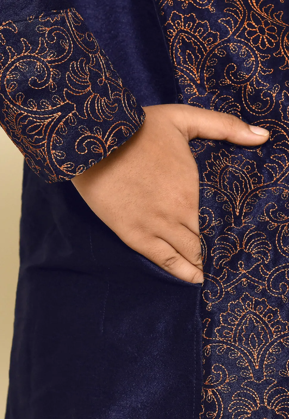 Embroidered Dupion Silk Kurta Set in Navy Blue