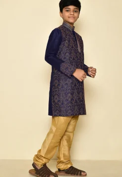 Embroidered Dupion Silk Kurta Set in Navy Blue