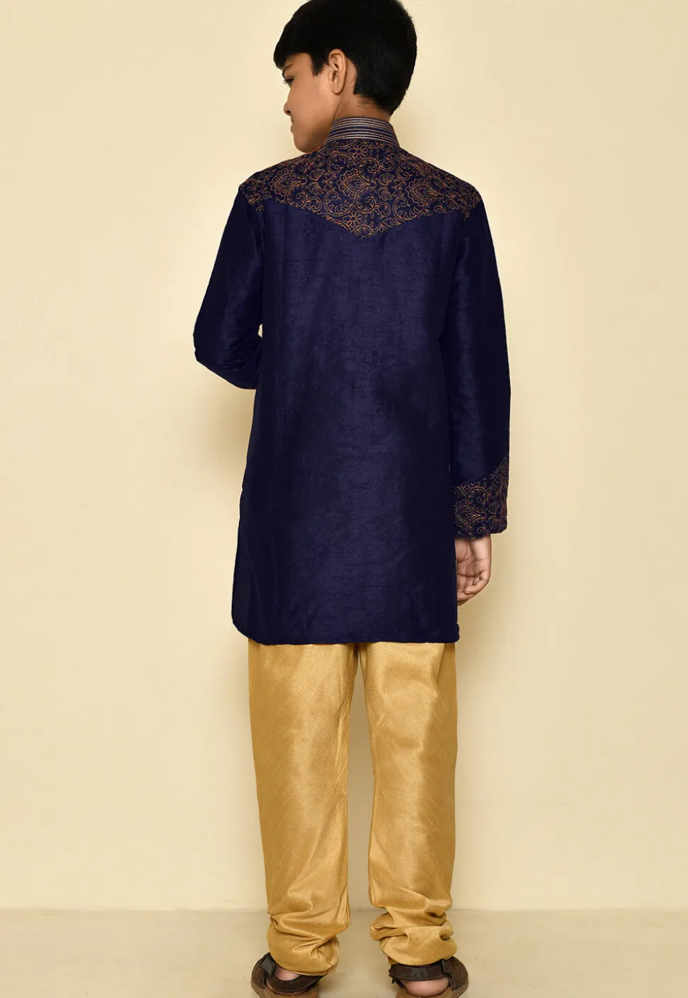 Embroidered Dupion Silk Kurta Set in Navy Blue