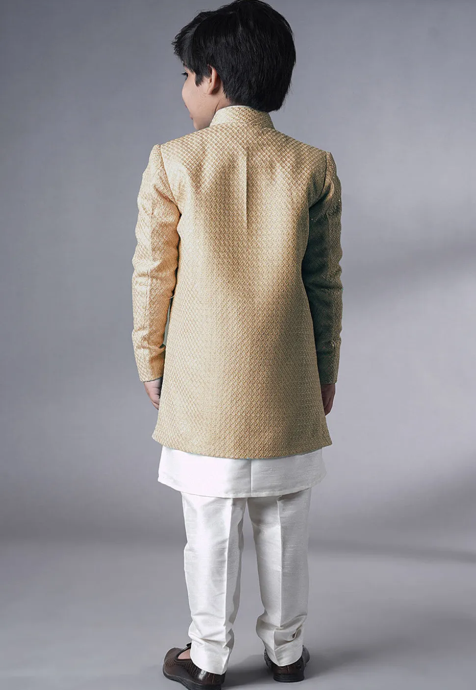 Embroidered Dupion Silk Kurta Set in Off White and Beige