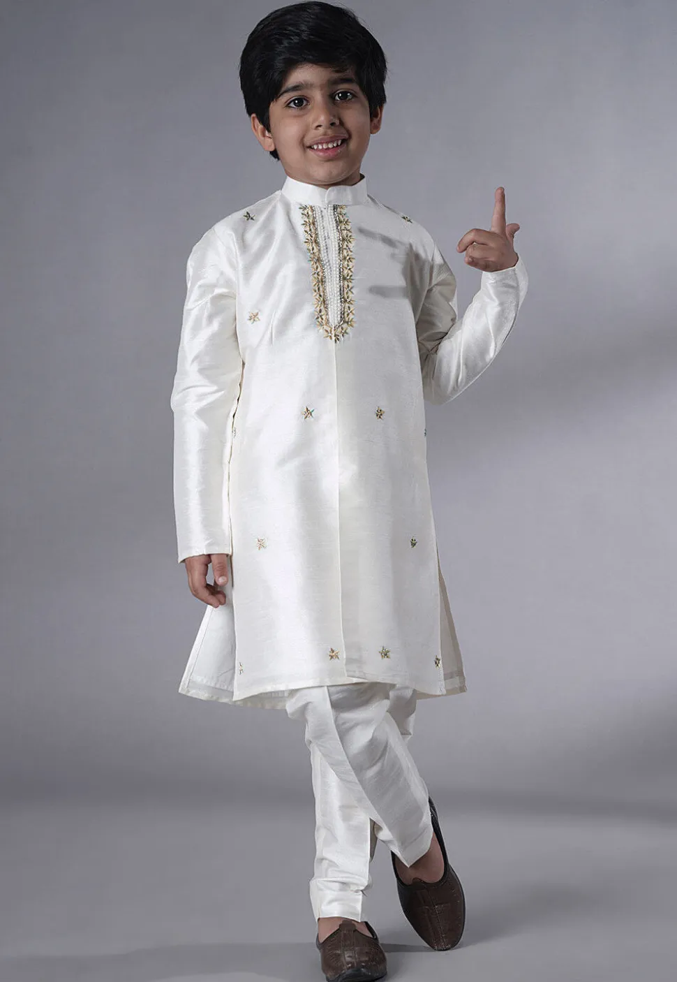 Embroidered Dupion Silk Kurta Set in Off White and Beige