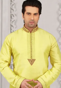 Embroidered Dupion Silk Kurta Set in Light Green