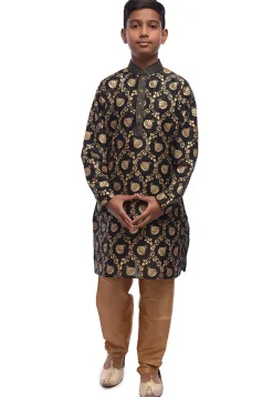 Embroidered Dupion Silk Kurta Set in Black