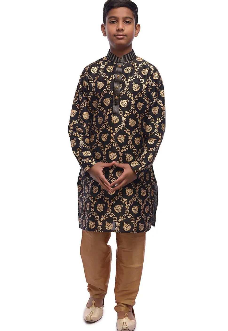 Embroidered Dupion Silk Kurta Set in Black