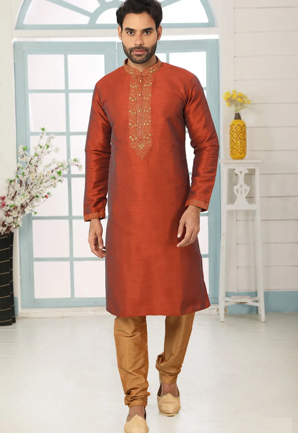 Embroidered Dupion Silk Kurta Set in Rust