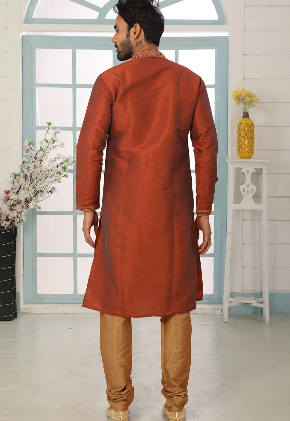Embroidered Dupion Silk Kurta Set in Rust