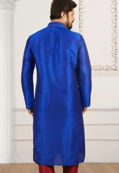 Embroidered Dupion Silk Kurta Set in Royal Blue
