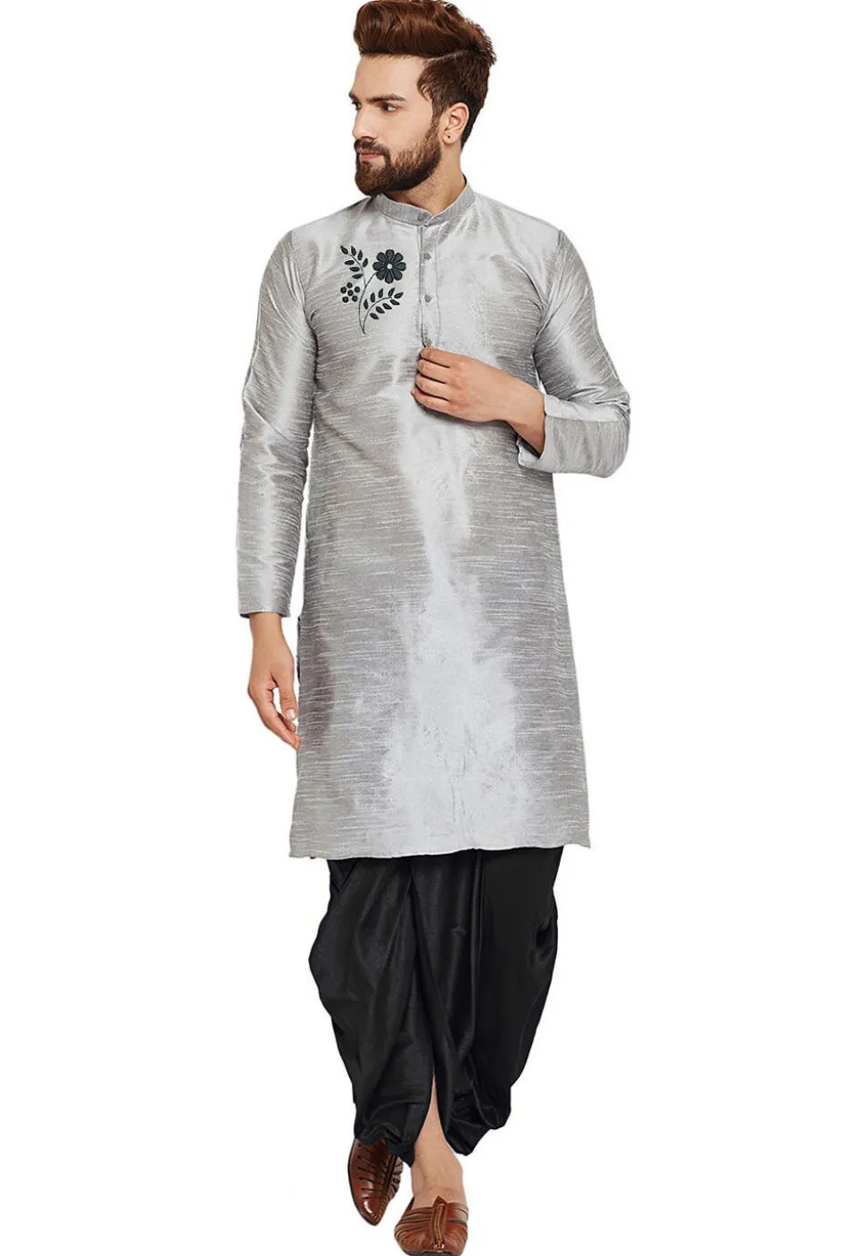Embroidered Dupion Silk Kurta Set in Light Grey
