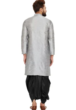Embroidered Dupion Silk Kurta Set in Light Grey