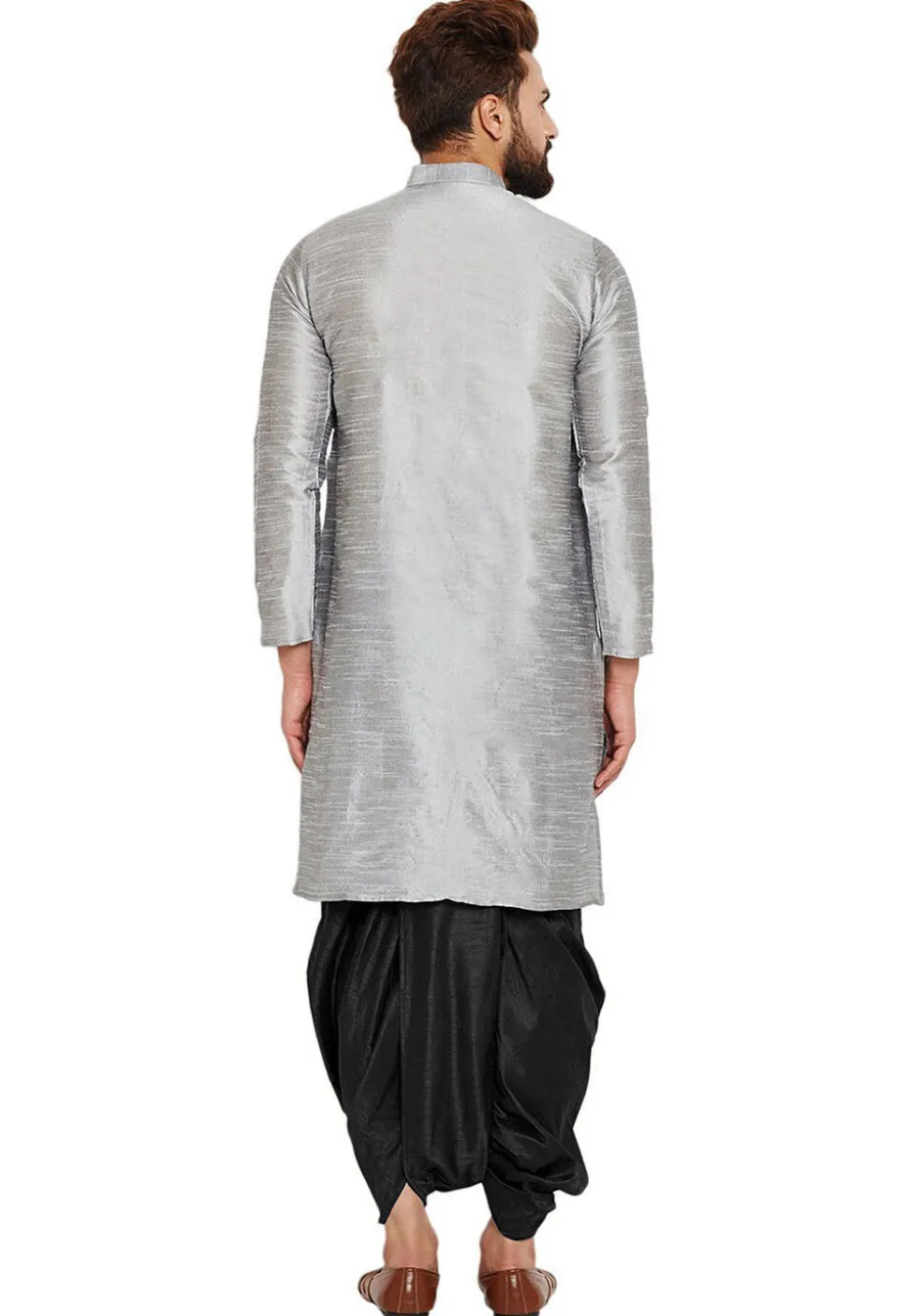 Embroidered Dupion Silk Kurta Set in Light Grey