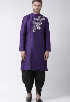 Embroidered Dupion Silk Kurta Set in Dark Purple