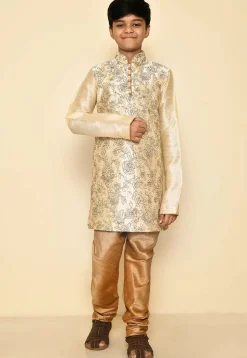 Embroidered Dupion Silk Kurta Set in Light Beige