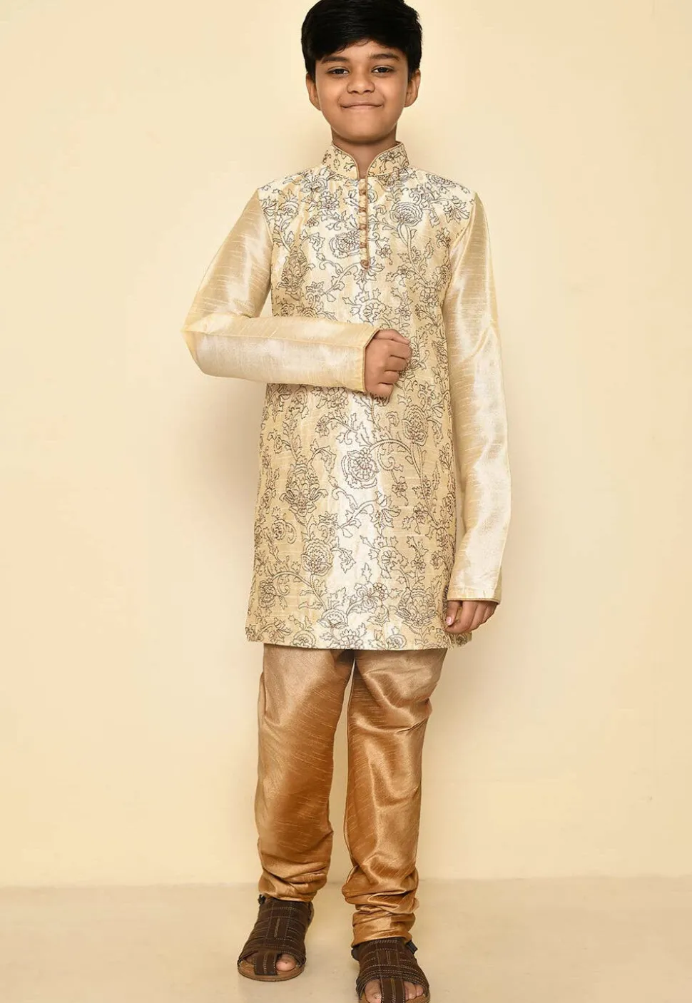 Embroidered Dupion Silk Kurta Set in Light Beige