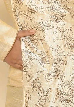 Embroidered Dupion Silk Kurta Set in Light Beige