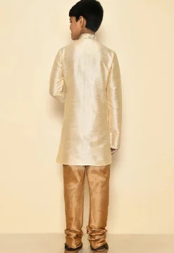 Embroidered Dupion Silk Kurta Set in Light Beige