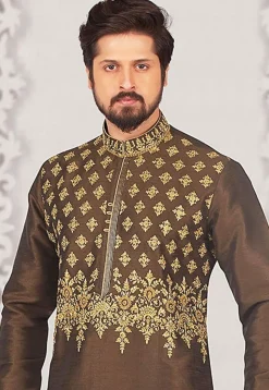 Embroidered Dupion Silk Kurta Set in Dark Brown