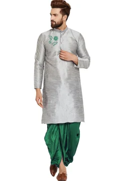 Embroidered Dupion Silk Kurta Set in Light Grey