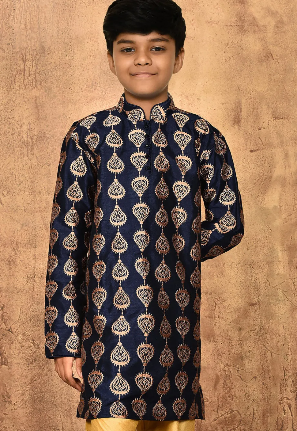 Embroidered Dupion Silk Kurta in Navy Blue