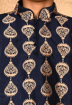 Embroidered Dupion Silk Kurta in Navy Blue
