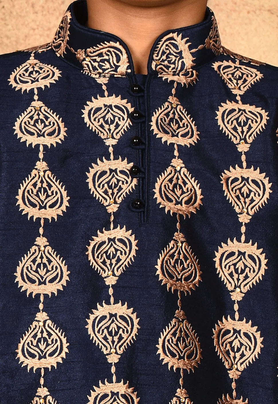 Embroidered Dupion Silk Kurta in Navy Blue