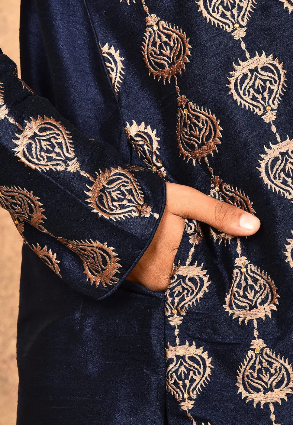 Embroidered Dupion Silk Kurta in Navy Blue