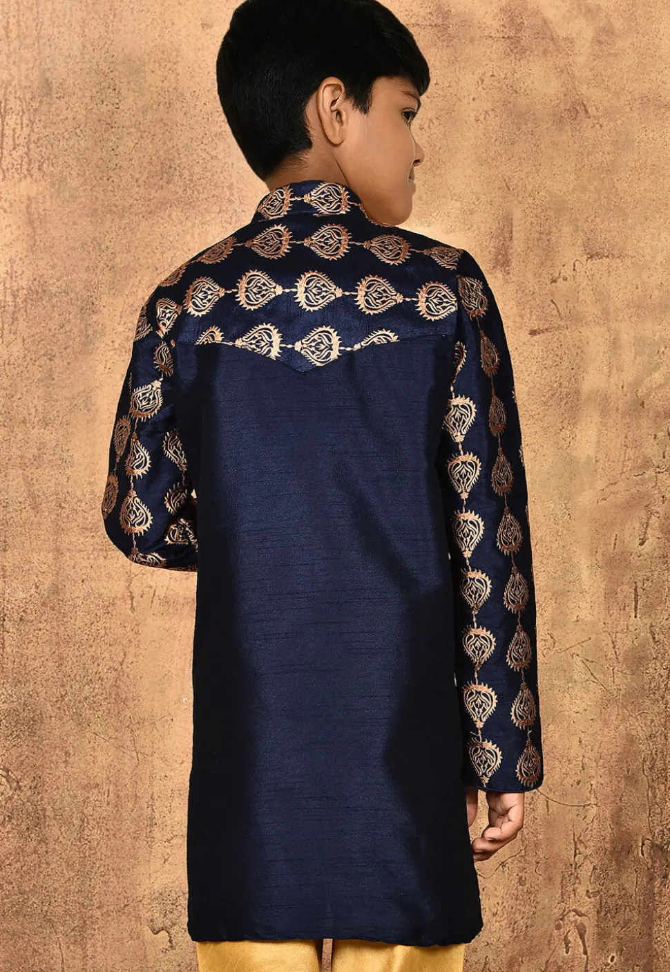Embroidered Dupion Silk Kurta in Navy Blue