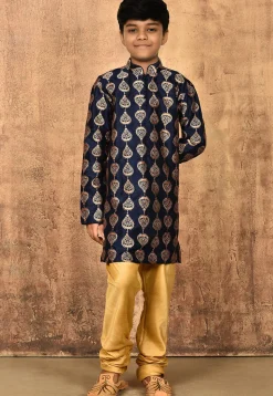 Embroidered Dupion Silk Kurta in Navy Blue