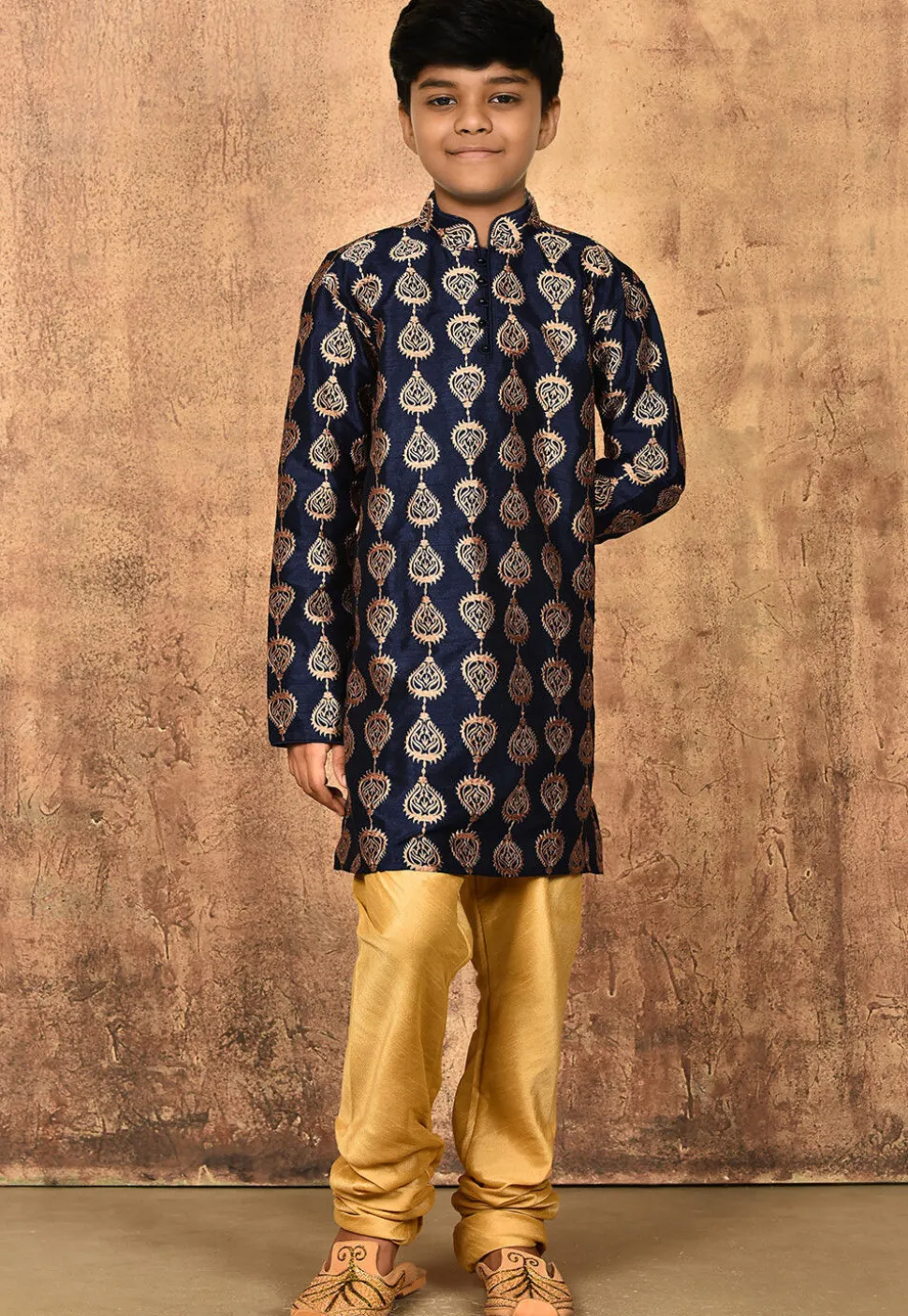Embroidered Dupion Silk Kurta in Navy Blue