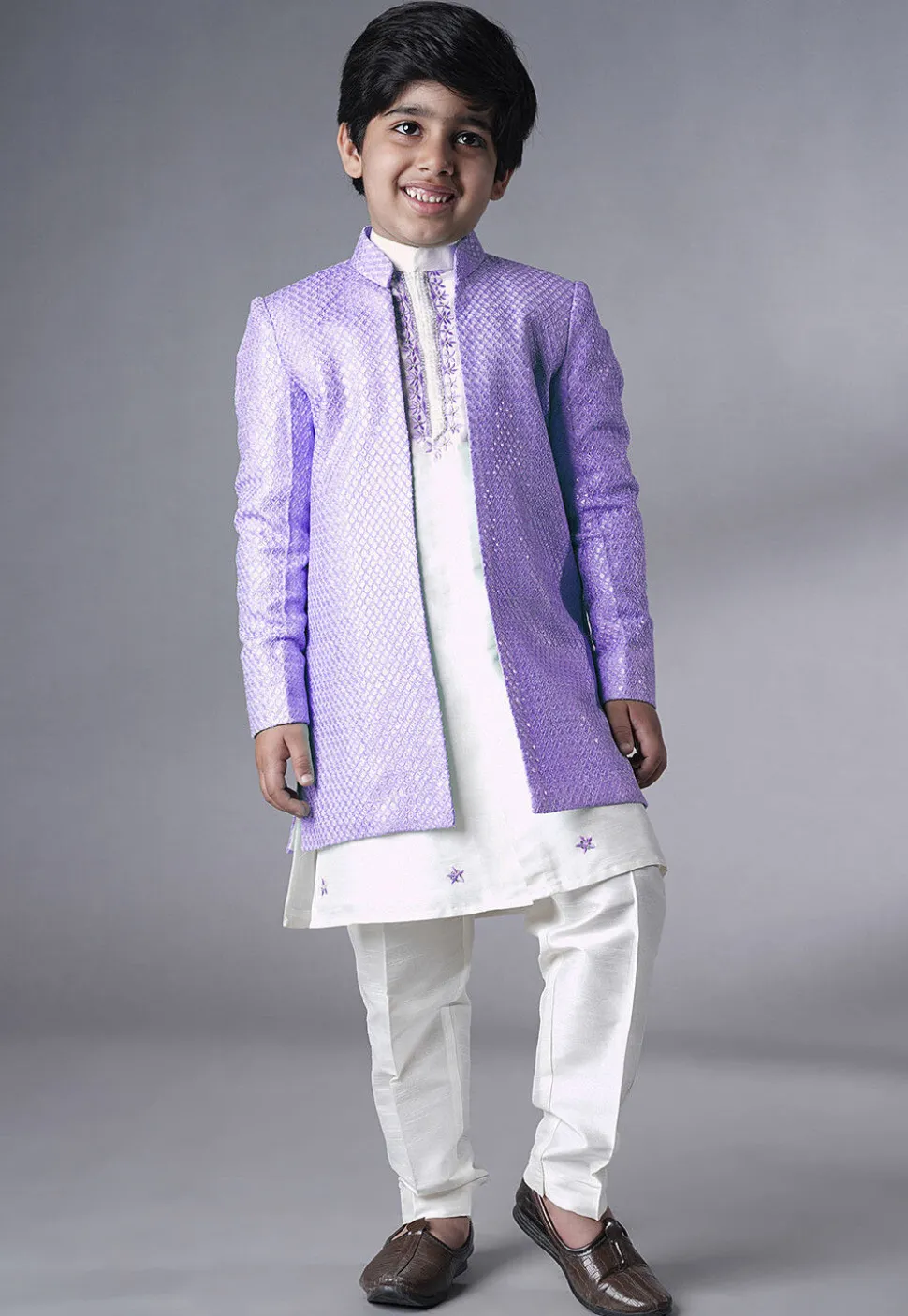 Embroidered Dupion Silk Kurta Set in Off White and Light Purple