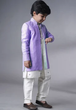 Embroidered Dupion Silk Kurta Set in Off White and Light Purple