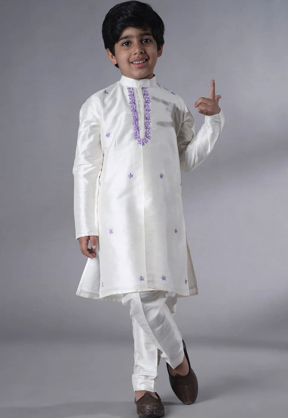 Embroidered Dupion Silk Kurta Set in Off White and Light Purple