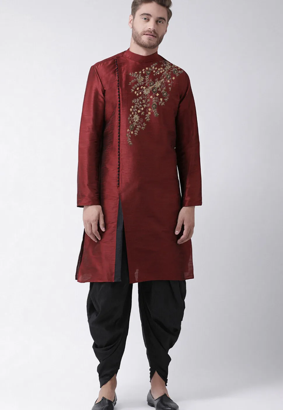Embroidered Dupion Silk Kurta Set in Maroon