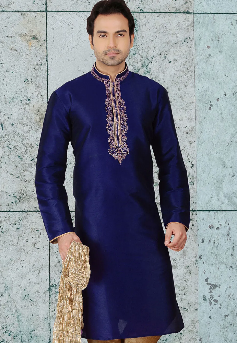 Embroidered Dupion Silk Kurta in Royal Blue