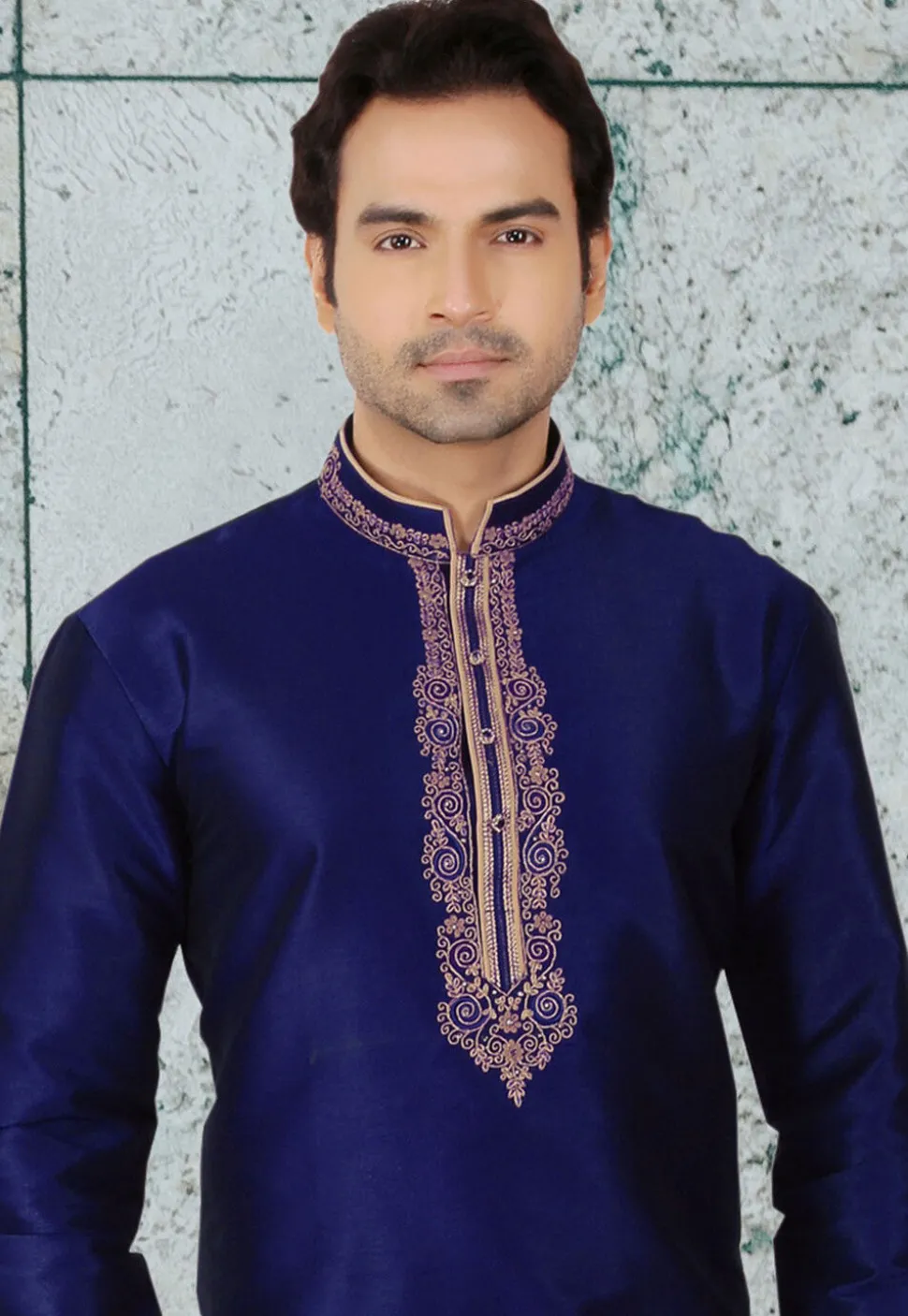 Embroidered Dupion Silk Kurta in Royal Blue