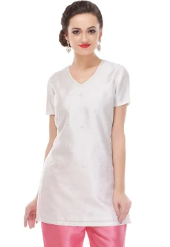 Embroidered Dupion Silk Kurti in Off White